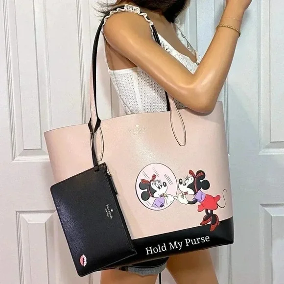 Kate Spade Disney Minnie Mouse Tote Bag with Black Wristlet Pouch Set NWT